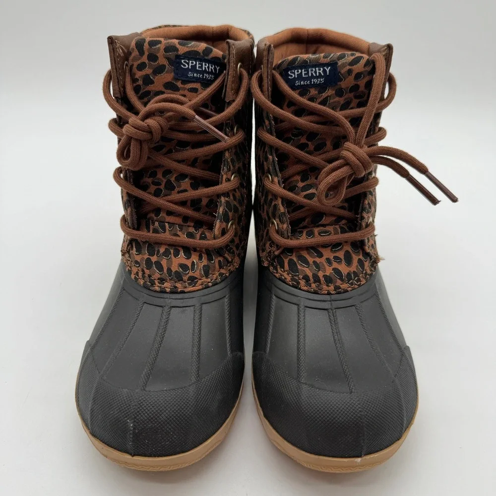 Sperry Women's 3M Leopard Print Duck Boots Brown Black Waterproof Rain Boots